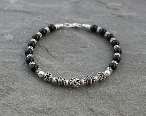 Silver Black Beads Anklets, Black Bead Bracelet Ideas, Black Bracelet Women, Bali Silver Jewelry, Black Beads Bracelet, Black Bead Bracelet, Oxidized Silver Bracelet, Mens Bracelet Set, Silver Anklets Designs