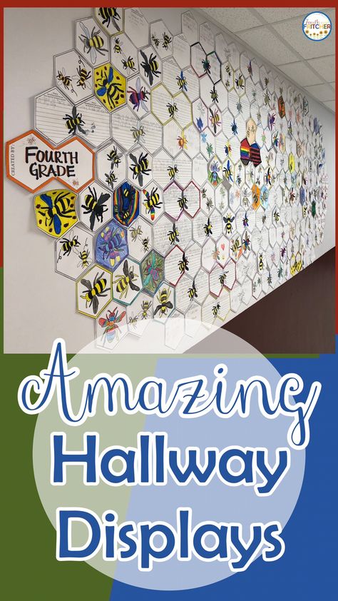 Grade Level Art Project, Class Art Bulletin Board, Class Hallway Work Displays, Lobby Bulletin Board Ideas, Interactive Art Bulletin Boards, Bulletin Board Hallway, Work Display Bulletin Boards Hallways, Get To Know Your Teachers Bulletin Board, Display Classroom Work