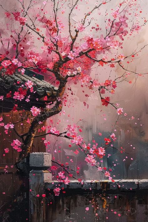 Cherry Blossom Paintings, Pink Flowers Frame, Painting Cherry Blossoms, Cherry Wallpaper, Sakura Painting, Iphone Images, Pink Blossom Tree, Tree Painting Canvas, Chinese Wallpaper