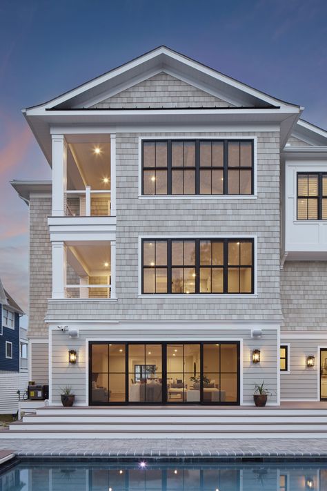 7sHeaven__012 Marnie Custom Homes, Delaware Beach House, 3 Story Beach House Plans, Coastal Exterior, Delaware Beaches, House Backyard, Seaside Living, Shore House, House On Stilts