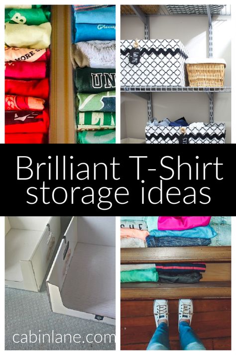 T-Shirt Storage Ideas: Brilliant Methods for Any Space - Cabin Lane Organize Folded Clothes In Closet, Closet Folded Clothes Storage, Folded Shirt Organization, Diy Tshirt Organization, Closet T Shirt Organization, Shirts Organization Ideas, Closet Shirt Organization, Tshirt Storage Ideas Closet Organization T Shirts, Clothes Bin Storage Ideas