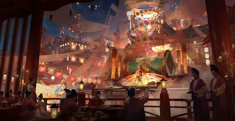 Fantasy Celebration Art, Chinese City Concept Art, Spring Environment Concept Art, Rune Concept Art, Chinese Environment Concept Art, Japanese Festival Art, Sci Fi Concept Art Landscape, Theater Concept Art, Medieval Festival Aesthetic