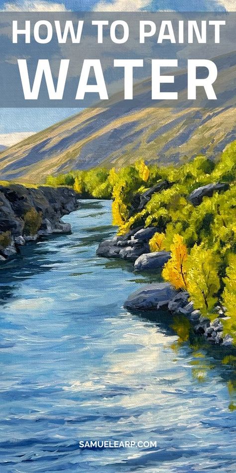 In this blog post I show you step-by-step how to paint water in a landscape inspired by a river in New Zealand. Throughout the painting demonstration I give you lots of tips and techniques for painting water and well as landscape painting in general. Suitable for oils and acrylics. #art #paintingwater #landscapeart #oilpainting #paint How To Draw River Water, River Oil Painting, How To Paint A River, Acrylic Paint Landscape, Paint Water Tutorial, Acrylic Water Painting, How To Paint Water With Watercolors, How To Paint Landscapes, How To Paint Water With Acrylic