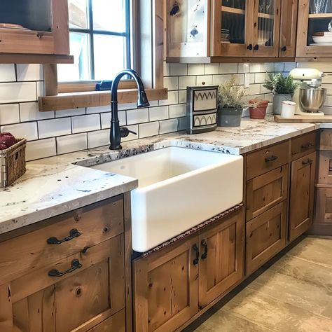 White Hickory Cabinets, Kitchen Backsplash With Knotty Alder Cabinets, Farmhouse Sink With Wood Cabinets, Rustic Kitchen Cabinet Doors, Farmhouse Kitchen With Beams, Knotty Alder Kitchen Cabinets Rustic, Natural Finish Kitchen Cabinets, Farmhouse Kitchen With Stained Cabinets, Farmhouse Kitchen With Pantry