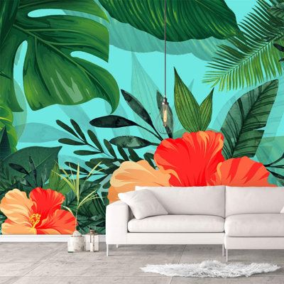 Jungle Wall Mural, Orange Hibiscus, Jungle Mural, Mural Stencil, Garden Mural, Flower Mural, Tropical Painting, Jungle Wall, Large Mural