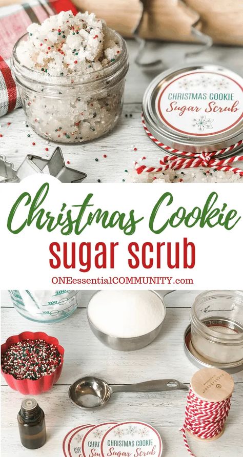 Christmas Sugar Scrubs, Sugar Scrub Homemade Recipe, Diy Christmas Cookies, Diy Sugar Scrub Recipe, Diy Body Scrub Recipes, Scrub Diy, Body Scrub Recipe, Homemade Essential Oil, Sugar Scrub Homemade