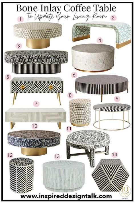 Obsessed with these marble inlay coffee table ideas for my new apartment living room. These are fabulous!! Patterned Coffee Table, Diy Bone Inlay Coffee Table, Glass Table Diy Makeover, Modern Coffee Tables Diy, Feminine House Decor, Glass Coffee Table Decor Living Room, Coffee Table Styling Ideas Modern, Maximalist Coffee Table, Living Room Coffee Table Ideas