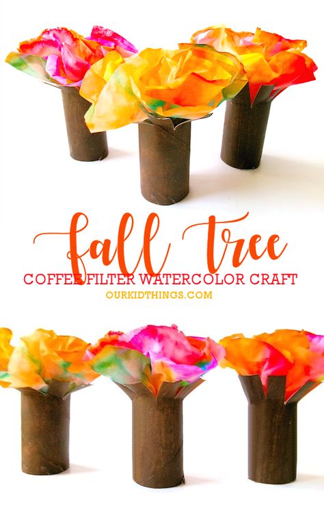 Coffee Filter Watercolor Fall Tree Craft Fall Arts And Crafts Kindergarten, Fall Crafts With Coffee Filters, November Fall Activities, Kindergarten Yarn Crafts, Fall Flower Crafts For Preschoolers, Art With Coffee Filters, Coffee Filter Trees Craft, Coffee Filter Leaves Preschool, Turkey Coffee Filter Craft