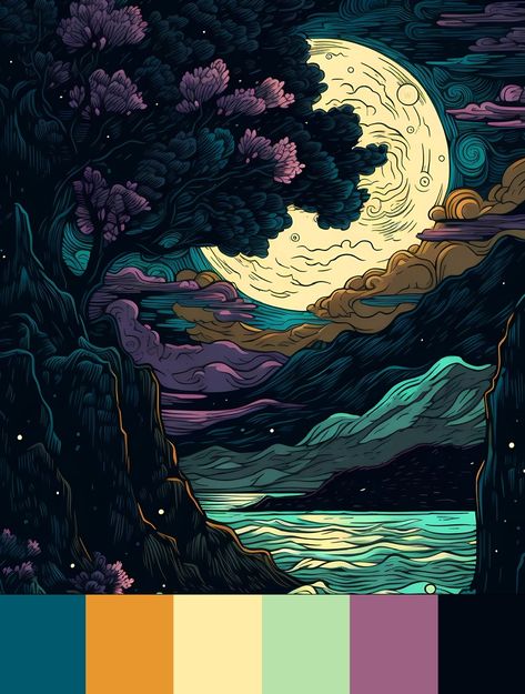 Color palette based on an image of moonlight over a landscape. Shades of green, orange, purple, black Bedroom Colour Pallets Inspiration, Limited Color Pallet Illustration, Dreamy Color Palette Dark, Mystical Colour Palette, Color Schemes Branding, Tiefling Color Palette, Dark Eclectic Color Palette, Night Time Colour Palette, Moon Color Pallete