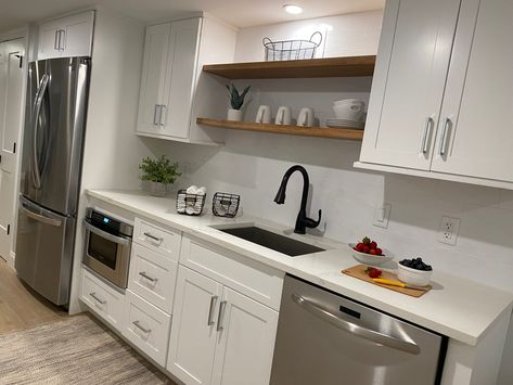 Basement kitchen White Basement Kitchenette, Kitchenette Sink Ideas, Basement Kitchenette White Cabinets, Basement Bar Kitchenette, Basement Small Bathroom Ideas, Basement Kitchen With Island, Basement Kitchens One Wall, Basement Kitchenette With Fridge, White Kitchenette