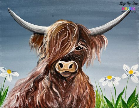 Learn to paint a "Highland Cow" - Bonus Members Tutorial - Step By Step Painting With Tracie Kiernan Highland Cow Painting Easy Step By Step, Cow Painting Tutorial, Highland Cow Painting, Pastel Sunset, Acrylic Painting Lessons, Canvas Painting Tutorials, Cow Painting, Cow Art, Acrylic Painting Tutorials