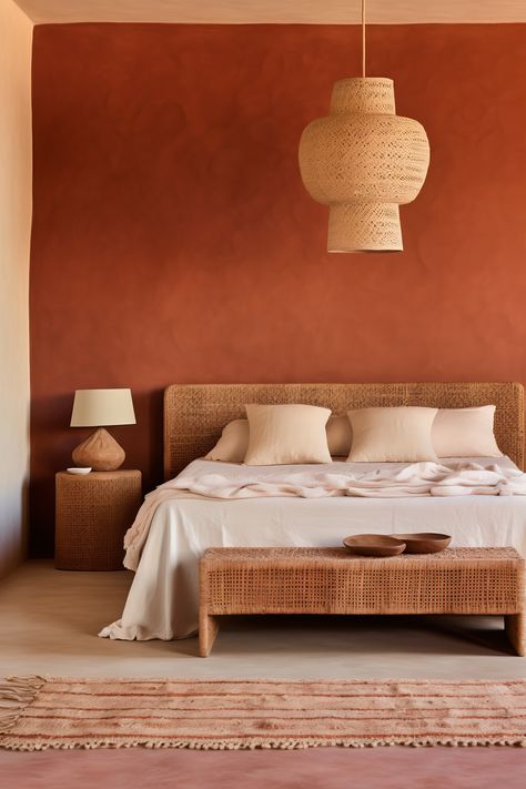 A modern bedroom with terracotta walls and a textured white ceiling. The room features a bed with a tufted terracotta headboard, terracotta and white linens, a wooden nightstand, and a terracotta textured lamp. A terracotta and white textured rug and a terracotta macramé wall hanging add layers of texture. Terracotta Decor Bedroom, Desert Tone Bedroom, Mexican Modernism Bedroom, Bedroom Ideas Terracotta, Terracotta Bedroom Decor, Amsterdam Bedroom, Terra Cotta Bedroom, Green And Terracotta Bedroom, Terracotta Bedroom Ideas