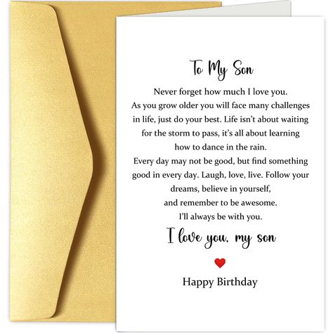 PRICES MAY VARY. Featuring sentimental words for an adult or teenage son. The card is an elegant and beautiful way to show your son you love him on his birthday. Special birthday cards for kids will definitely make the celebration more enjoyable, like this heartwarming card for a special son. Card Size (Folded): 20.5cm x 13.5cm / 8.0" x 5.3" inches. The card printed on high quality, smooth 300gsm card stock, and comes with a nice envelope. Blank inside for your own message. You can write down so Sons 30th Birthday Wishes, Birthday Card For Son From Mom, Birthday For Son From Mom, Son Birthday Wishes From Mom, To My Son On His Birthday, Birthday Quotes For My Son, Happy Birthday Son From Mom I Love You, Birthday Message For My Son, Son's Birthday Wishes From Mom