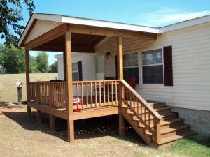 Flat Roof Porch Ideas, Doorway Overhang, Deck With Roof Ideas, Porch With Roof, Covered Deck Ideas On A Budget, Deck With Roof, Mobile Home Porches, Porch Roof Design, Vaulted Roof