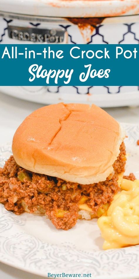 All-in-the-crock-pot sloppy joes are so easy to make requiring no precooking of the ground beef or veggies, just combine all the ingredients in the crock pot and let it cook all day. Sloppy Joe Recipe Crock Pot, Crock Pot Sloppy Joes, Slow Cooker Sloppy Joes, Sloppy Joes Easy, Sloppy Joe Recipe, Soup Tomato, Joe Recipe, Sloppy Joes Recipe, Family Friendly Dinners