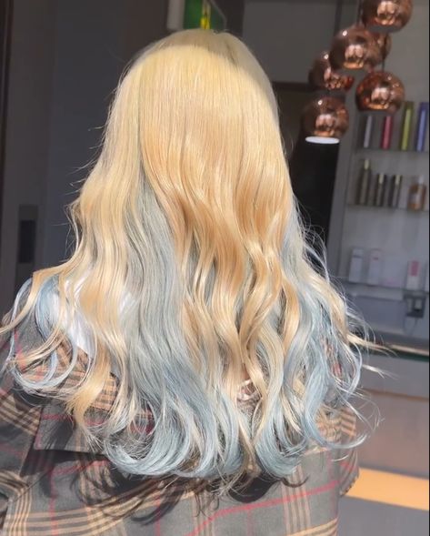 Blue Hair On Blond Hair, Hair Dye Ideas On Blonde Hair, Bottom Colored Hair, Pastel Blue And Blonde Hair, White Hair With Light Blue Highlights, Blue And Blonde Hair Aesthetic, Blue Tips On Blonde Hair, Blue To Blonde Hair, Blue Hair Color Ideas For Blondes