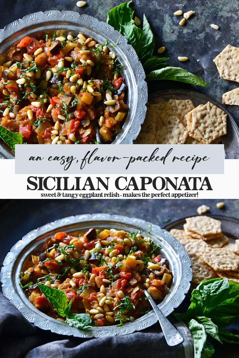 Caponata Recipe (Sicilian Eggplant Relish) Sicilian Vegetarian Recipes, Sicilian Zucchini Recipes, Puglian Recipes, Caponata Recipe Eggplant, Sicilian Eggplant Recipes, Sicilian Recipes Authentic, Sicilian Caponata Recipe, Italian Eggplant Recipes, Sicilian Caponata