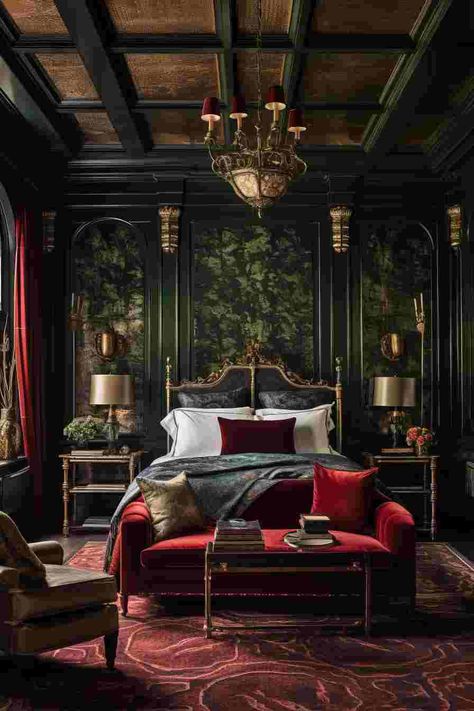 Dark Opulent Bedroom, Maximalist Decor Dark Academia, Victorian Main Bedroom, Green And Red Home Decor, Dark Baroque Bedroom, Bedroom Dark And Moody, Dark Academia Master Room, Masculine Victorian Bedroom, Bohemian Victorian Bedroom