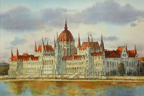 Orsagaz, Budapest on Behance Budapest Watercolor, Budapest Painting, Watercolor Course, Ar Art, Capital Of Hungary, Classical Paintings, Architecture Design Process, Watercolor Postcard, Urban Sketch