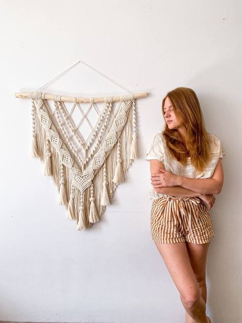 WE ARE WORKING. TEMPORARY SHIPPING FROM POLAND!  Macrame Wall Hanging -  is a really unique piece of wall art that will create an instant focal point in any room. It could be a great gift idea. A beautiful macrame backdrop will be a great wall decor for any room of your house. It is made of 100% cotton rope. Size: 80 x 80 cm (31,4 inches). NOTE: This item is made to order. The wooden dowel will be different, but also natural and beautiful. If you are looking for something special, please feel fr Dekorasi Bohemia, Boho Style Interior, Macrame Inspiration, Small Dorm, Hanging Beds, Macrame Backdrop, Weaving Wall Hanging, Dorm Wall Decor, Woven Decor