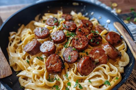 Garlic Butter Sausage Bites With Creamy Parmesan Pasta, Garlic Butter Sausage Bites, Garlic Butter Sausage, Creamy Parmesan Pasta, Sausage Bites, Garlic Butter Pasta, Simple Supper, Pasta With Sausage, Chicken Parmesan Pasta