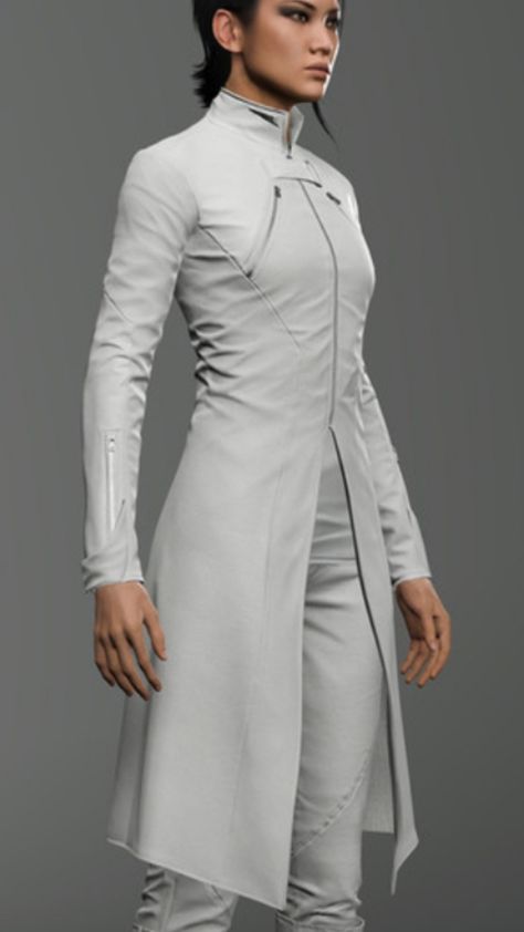 Future Aesthetic Sci Fi Outfit, Space Uniform Design, Sci Fi Winter Clothes, Futuristic Doctor Concept Art, Futuristic Formal Wear, Futuristic Business Suit, White Jedi Outfit, Sci Fi Dress Future Fashion, Sci Fi Clothes Male