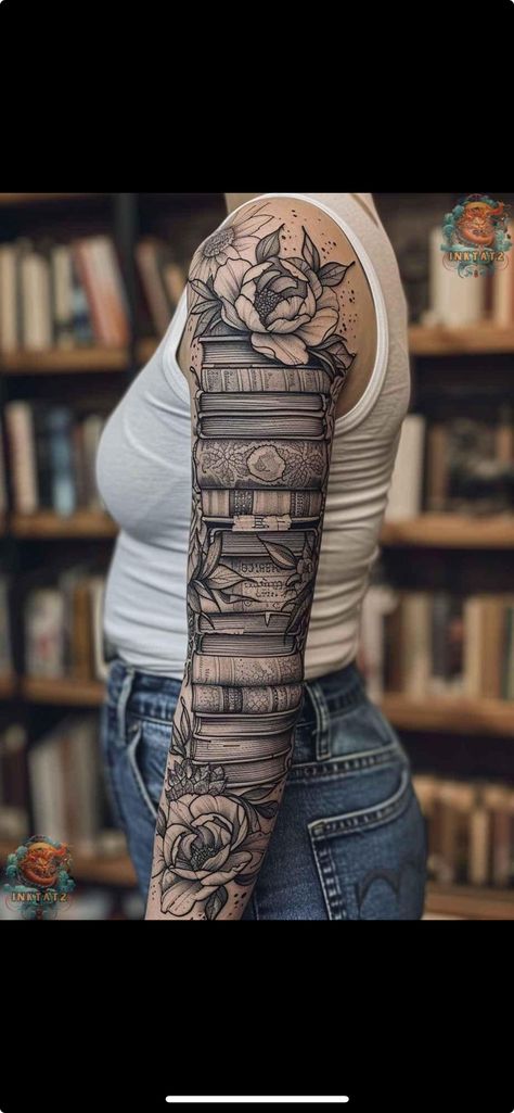 Book Arm Sleeve Tattoo, Book Half Sleeve Tattoo, Dragon On Books Tattoo, Reading Tattoos For Women, Bookshelf Tattoo, Stack Of Books Tattoo, Book Tattoo Sleeve, Reader Tattoo, Back Of Thigh Tattoo