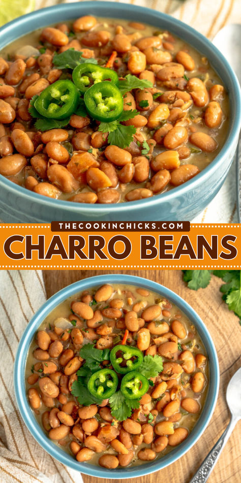 Charro Beans, also known as Frijoles Charros, are pinto beans cooked in a flavor packed broth with bacon, onion, garlic, tomatoes, and more! The perfect dish to add to any Mexican meal! You can cook these Mexican Charro Beans on the stove-top, using a slow cooker, or via Instant Pot. Charro Beans Mexican Stove Top, Pressure Cooker Charro Beans, Easy Charro Beans With Canned Beans, Charro Bean Recipe, Charro Beans With Canned Beans, Charo Beans Mexican, Meals With Pinto Beans, Charro Beans Stovetop, Charro Beans Instant Pot