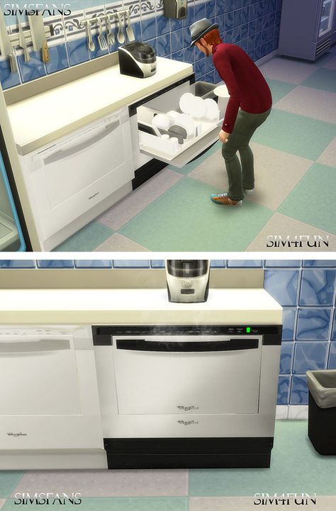 Custom Whirlpool branded dishwasher for The Sims 4. Snag this appliance for your next kitchn build, and you'll find even more dishwashers in our CC list White Kitchen Countertops, Sims 4 Kitchen, Whirlpool Dishwasher, Dirty Dishes, Dishwashers, The Sims4, Sims 4 Cc, Wood Patterns, The 20th Century