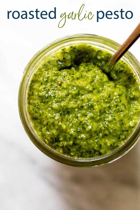 Put all of that summer basil to good use and make this delicious Roasted Garlic Pesto! It's the perfect sauce for pasta. Pesto Sauce For Pasta, Garlic Pesto, Homemade Pesto Sauce, Sauce Pesto, Cooking Herbs, Herb Sauce, How To Make Pesto, Lemon Basil, Homemade Pesto