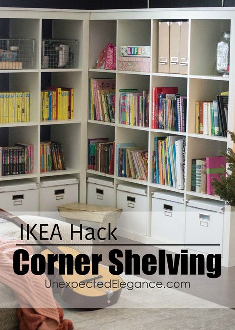 Do you have a corner of a room that needs some storage? Check out this EASY corner cabinet IKEA hack, to turn inexpensive shelving into a corner storage unit. Cabinet Ikea Hack, Corner Storage Unit, Cabinet Ikea, Kids Loft, Kids Office, Corner Storage, Playroom Organization, Bedroom Remodel, Kallax Ikea