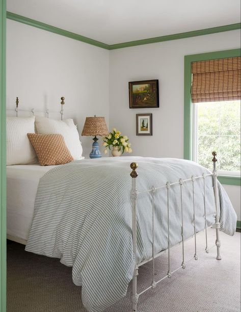 Green Trim White Walls, Best Paint For Trim, Katie Davis Design, Interesting Flooring, Katie Davis, Fine Paints Of Europe, Trim Paint Color, Yellow Decorative Pillows, Trim Paint