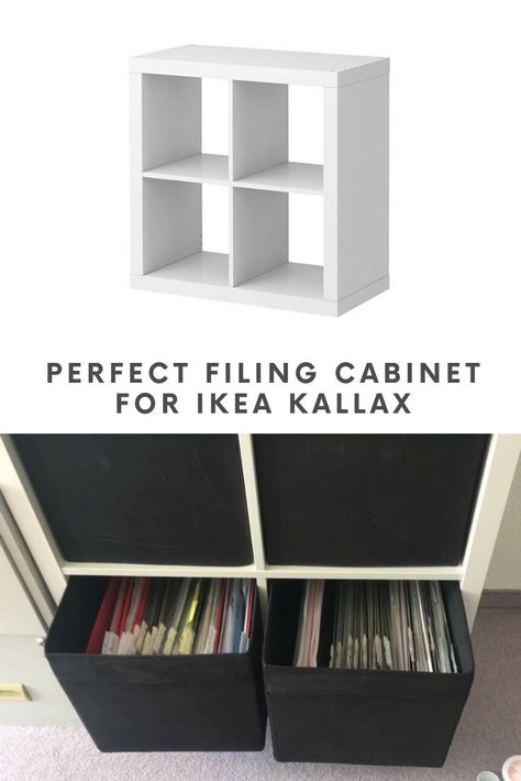 IKEA filing cabinet: At last, an easy, perfect solution Home office with IKEA filing cabinet. IKEA KALLAX hanging file storage unit. Office File Storage Design, Small File Storage, Ikea Offuce, Kallax File Storage Hack, Ikea Kallax Office Storage, Ikea Kallax Home Office Ideas, Ikea File Storage, Cube File Storage, Filing Storage Ideas