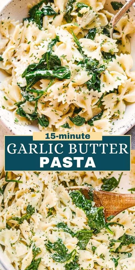 This Garlic Butter Pasta recipe is the perfect addition to your dinner. Fresh spinach and bow tie pasta are tossed in a creamy garlic-butter sauce, creating a dish that's not only seriously delicious but also ready in just 15 minutes! Garlic Butter Bowtie Pasta, Spinach Pasta Side Dish, Garlic Butter Spinach Pasta, Creamy Spiral Pasta Recipes, Spinach Bowtie Pasta, Recipe With Fresh Spinach, Bow Tie Pasta Recipes, Bowtie Pasta Recipes, Lent 2024