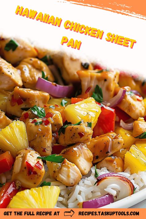 Indulge in the vibrant flavors of the tropics with this easy Hawaiian Chicken Sheet Pan recipe. Perfect for busy weeknights, this all-in-one meal combines tender, juicy chicken thighs with sweet pineapple, crisp bell peppers, and a savory soy glaze. With minimal prep and easy cleanup, this delightful dish brings a taste of Hawaii to your dinner table in under an hour. Discover a new family favorite that's both healthy and delicious, and enjoy a quick culinary escape to the islands with each bite. Hawaiian Chicken Marinade Recipes, Sheet Pan General Tso Chicken, Sheet Pan Hawaiian Chicken, Sheet Pan Sweet And Sour Chicken, Sheet Pan Hawaiian Pineapple Chicken, Hawaiian Sheet Pan Chicken, Easy Hawaiian Chicken, Chicken Sheet Pan Recipe, Pineapple Crisp