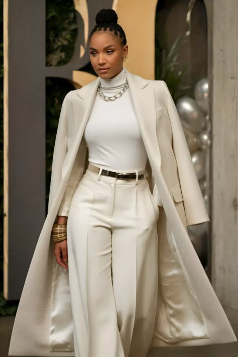 24 Most Stylish Winter Birthday Outfits For Black Women Suits For Women Inspiration, Fancy Bday Outfits, Chic Classy Winter Outfits, Women’s Pant Suit Outfit Winter, Neutral Business Outfits Women, 5 Star Dinner Outfit, Sophisticated Winter Outfits Classy, Fashion Blazers For Women, 50 And Fabulous Outfits