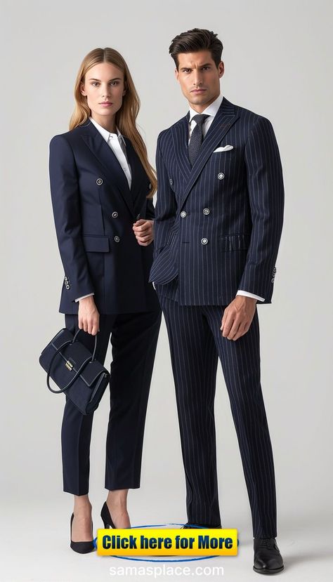 Achieve a classic and contemporary look with these elegant navy blazers and trousers, perfect for the modern couple. The rich navy color exudes sophistication and style, making this ensemble ideal for formal events, weddings, or upscale gatherings. The tailored blazers and slim-fit trousers offer a flattering silhouette, ensuring you and your partner look polished and coordinated. Matching Outfits For Couples Formal, Casino Uniform, Matching Outfits For Couples, Female Suits, Outfits For Couples, Coordinated Outfits, Trouser Outfit, Elegant Couple, Couple Style