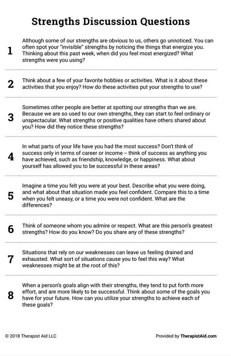 Strengths Based Therapy, Group Therapy Introduction Activities, Therapist Interview Questions, Questions To Ask As A Therapist, Topics To Discuss With Therapist, Self Esteem Discussion Questions, Identifying Strengths Activities, Cbt Group Therapy, Therapeutic Questions For Adults