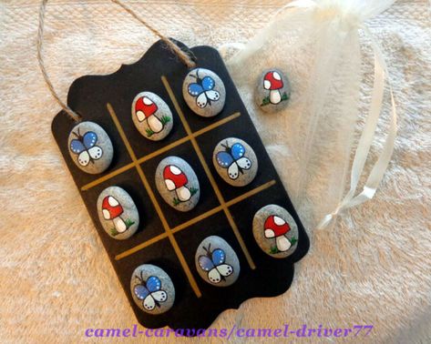 Painted Rock Tic Tac Toe, Rock Tic Tac Toe, Tic Tac Toe Rocks, Tic Tac Toe Diy, Mushroom Butterfly, Tic Tac Toe Board, Rock Flowers, Mandala Painted Rocks, Art Paintings For Sale