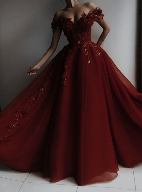 Wine Red Debut Gown, Red Prom Dress Princess, Red Prom Gown Princesses, Red Royal Dresses Princesses, Red Princess Gown Royalty, Princess Ball Gowns Red, Red Princess Prom Dress, Dark Burgundy Quinceanera Dresses, Dark Red Prom Dress Aesthetic