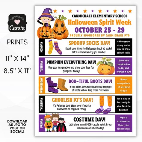 Halloween School Spirit Week Itinerary – Simple Desert Designs Halloween Theme Spirit Week, Theme Week Ideas For Work, Halloween Spirt Week Ideas School, October Spirit Week Ideas Preschool, Movie Spirit Week Ideas, Halloween Spirit Week Ideas For Preschool, Halloween Theme Week, Fall Spirit Week Ideas For Workplace, Halloween Spirit Week Ideas For Daycare