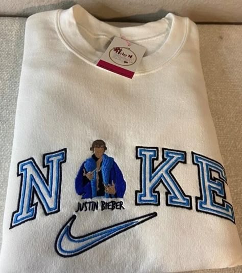 Justin Bieber Sweatshirt, I Love Justin Bieber, Crewneck Design, Embroidered Crewneck, Navy And Brown, Embroidered Sweatshirt, Embroidered Hoodie, Embroidered Sweatshirts, Embroidered Shirt