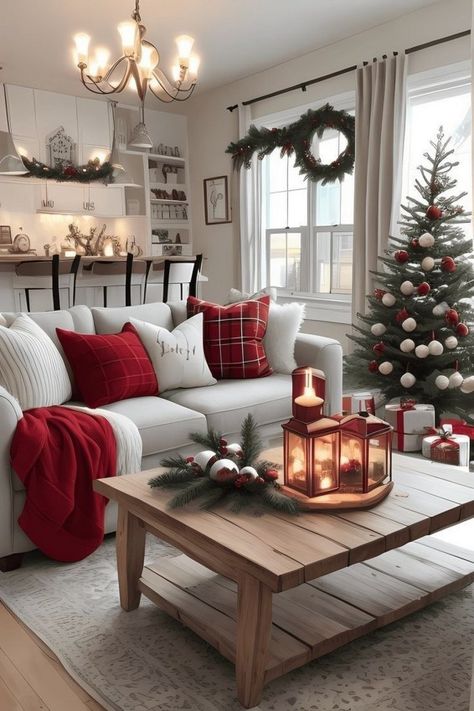 Cozy Christmas Living Room, Christmas Bucket, Cozy Christmas Decor, Christmas Apartment, Christmas Decor Inspiration, Christmas Mantel Decorations, Cosy Christmas, Christmas Decorations Living Room, Christmas Interiors