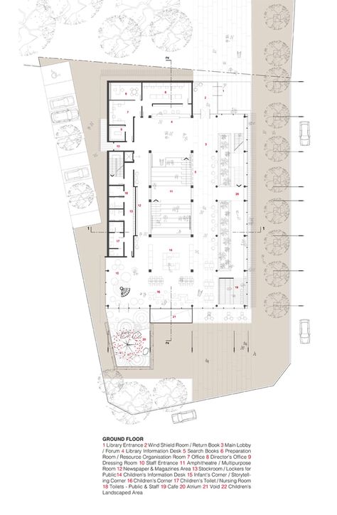 Small Library Design Architecture Plan, Office Plans Architecture, Library Floor Plan Layout, Library Project Architecture, Library Layout Plan, Small Library Design, Library Facade, Museum Floor Plan, Library Competition