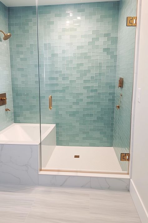 Blue Green Bathroom Tile Ideas, Seaglass Shower Tile, Bathroom Tile Ideas Coastal, Bathroom Tile Coastal, Non Glass Shower Ideas, Beachy Bathroom Tile, Coastal Modern Bathroom Design, Aquamarine Bathroom Ideas, Coastal Bathroom Remodel Ideas