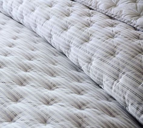 Quilts, Coverlets & Bedspreads | Pottery Barn Ticking Stripe Bedding, Pottery Barn Quilts, Striped Quilt, Percale Sheets, Quilted Sham, Quilted Coverlet, Ticking Stripe, White Quilt, Boy's Bedroom