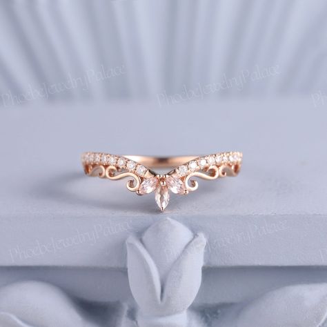 Natural Morganite Curved Wedding Band Marquise Rose Gold Diamond Band Vintage Wedding Band Moissanite Stacking Matching Chevron Band Custom PRODUCT SUMMARY Metal Type: yellow, white or rose solid 10K/14K or 18k gold. Size: All sizes are available, contact me if they do not contain the size you want in the drop-down menu. ☪☪Wedding band ⚜Stone - Natural Morganite Cut - Marquise  Weight - 0.14ct Color - Light Pink ⚜Stone - Moissanite or natural diamond Cut - Round Weight - 0.18ct  Clarity - SI-VS Wedding Ring Goals, Morganite Wedding Band, Wedding Band Marquise, Rose Gold Diamond Band, Stacked Wedding Bands, Gold Diamond Band, Rose Gold Accents, Vintage Wedding Band, Rose Gold Wedding Bands