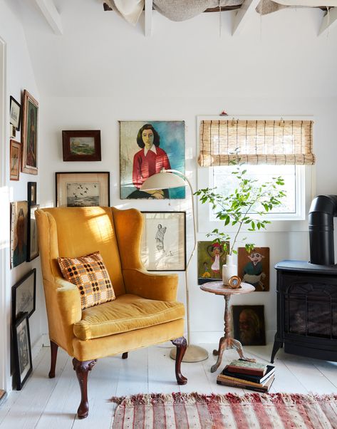 Styled by Raina Kattelson photo David Land Country Living Magazine. Yellow Chair Living Room, Wingback Chair Living Room, Stylist Lifestyle, Designs For Bedrooms, 1800s Home, Renovated Farmhouse, Reading Nook Ideas, Comfy Reading Chair, Wingback Chairs