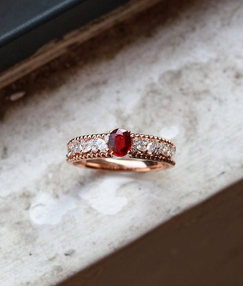 Oval Ruby engagement ring rose gold vintage diamond micro pave | Etsy Oval Ruby Engagement Ring, Ruby Ring Designs, Ruby Engagement Ring Vintage, Antique Ruby Ring, Golden Jewellery, Ruby Wedding Rings, Wedding Rings Art, Fancy Jewelry Necklace, Future Engagement Rings