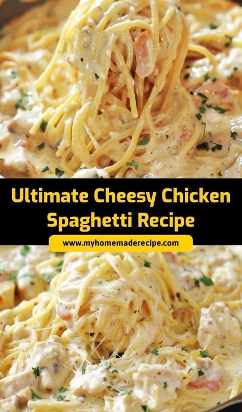 This Ultimate Cheesy Chicken Spaghetti is a comforting, cheesy dinner that the whole family will love. With tender chicken and creamy sauce, it’s a go-to recipe for busy nights Creamy Chicken With Pasta, Amish Cheesy Chicken Spaghetti, Crockpot Creamy Cheesy Chicken Spaghetti, Chicken Spaghetti With Canned Chicken, Spaghetti Noodle Dinner Ideas, The Best Chicken Spaghetti, Chicken Spaghetti Freezer Meal, Cheesy Chicken Spaghetti Recipe, Rotisserie Chicken Spaghetti Recipe